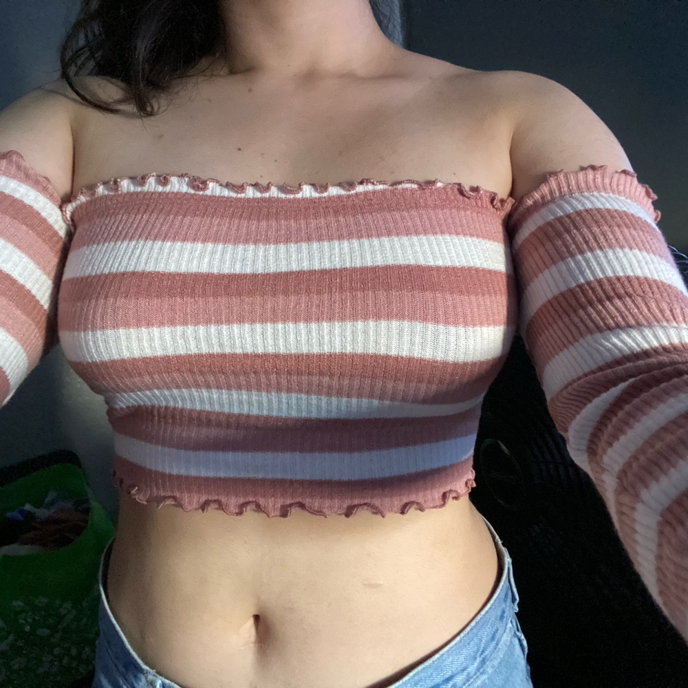Forever 21 Pink and White Striped Cropped Sweater Top